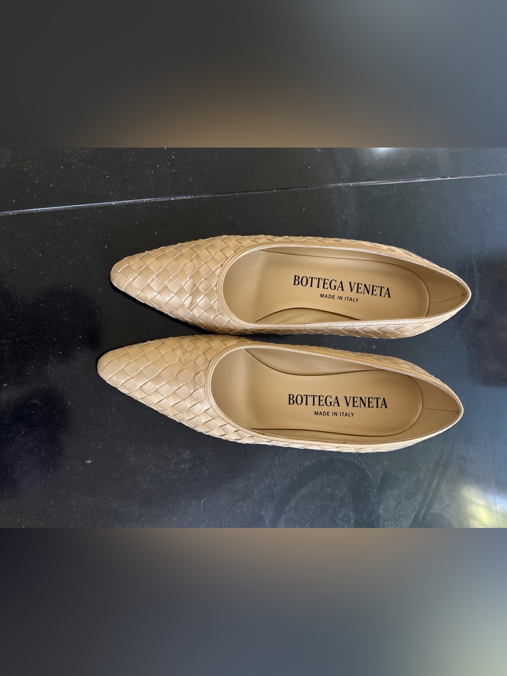 Bottega Veneta Beige Woven Pointed-Toe Flats